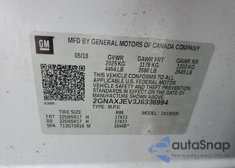 2018 Chevrolet Equinox Lt из США, поврежденный, VIN 2GNAXJEV3J6336994